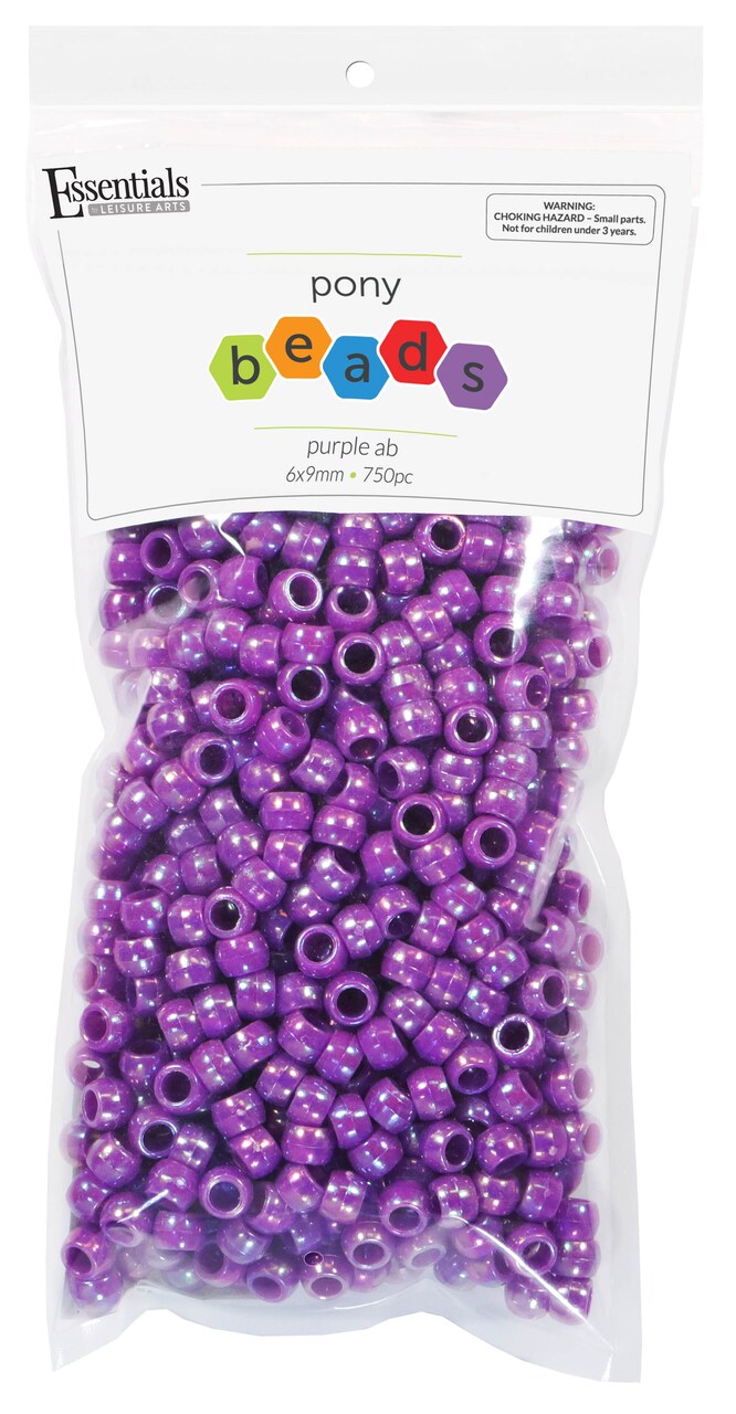 Essentials by Leisure Arts Pony Beads, 6x9mm, Aurora Borealis Purple, 750pc – Bracelet Making Kit for Jewelry and Kandi Crafts – Bulk Craft Beads for Friendship Bracelets and DIY Projects